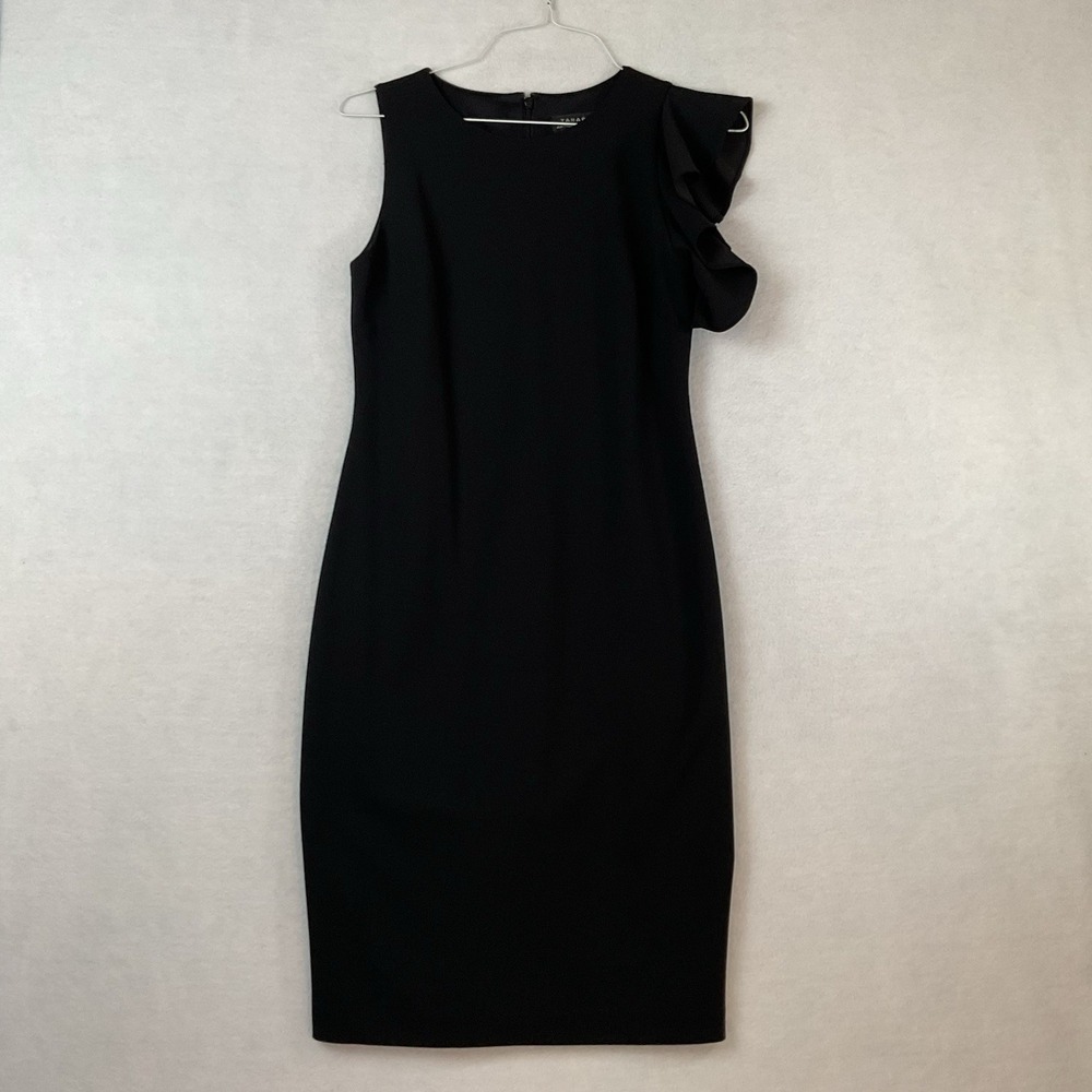 Tahari Dress Womens 4 Black‎ Lined One Flounce Sleeve Midi Party Cocktail Sheath